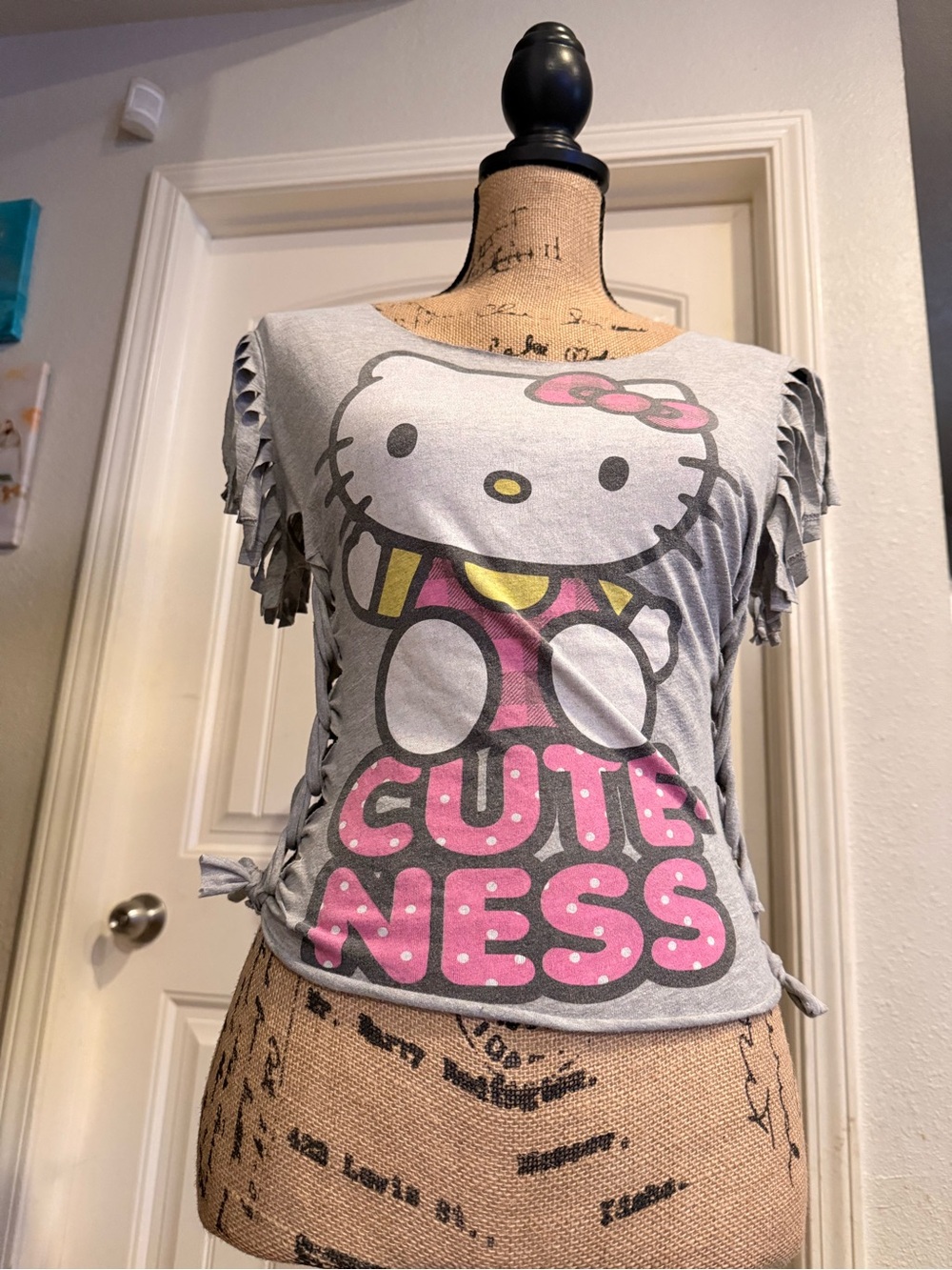 Hello Kitty Upcycled Fringe Tee – Size Small